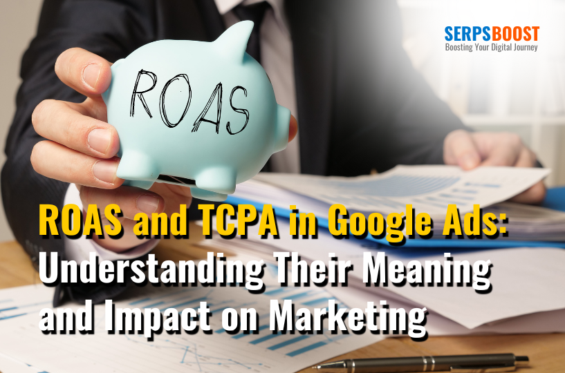 Business person holding a piggy bank with 'ROAS' written on it, with documents in the background, symbolizing the financial planning involved in ROAS and TCPA strategies for Google Ads marketing.